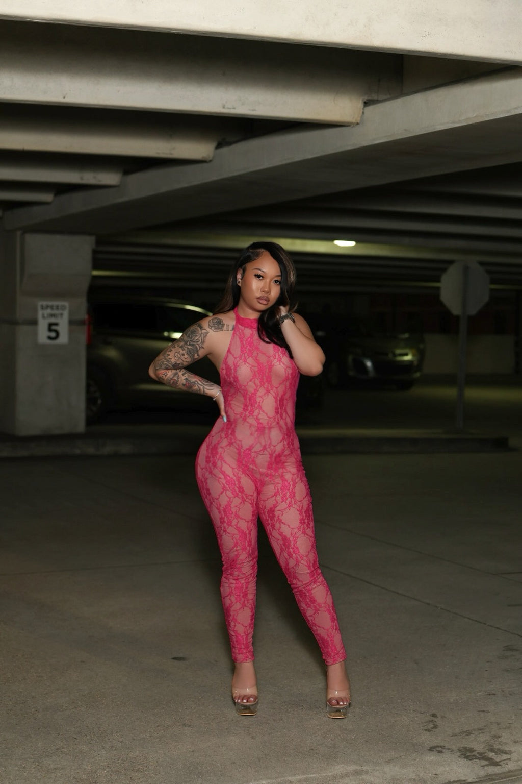 pink lace jumpsuit